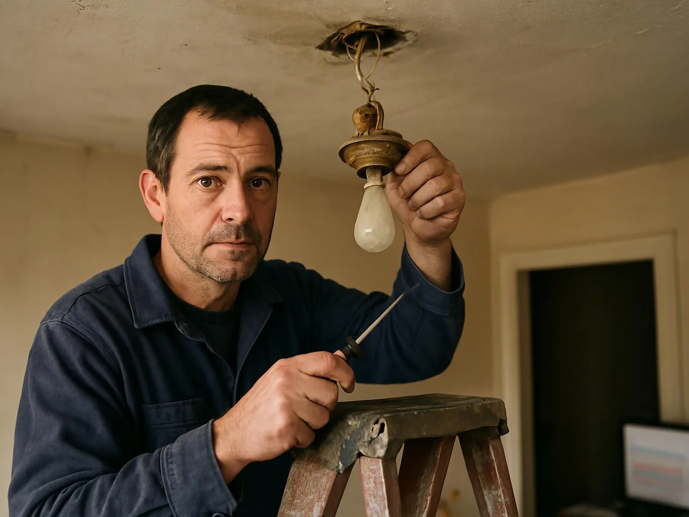 A man on a step ladder works on a hanging light fixture with a screwdriver in a plain room