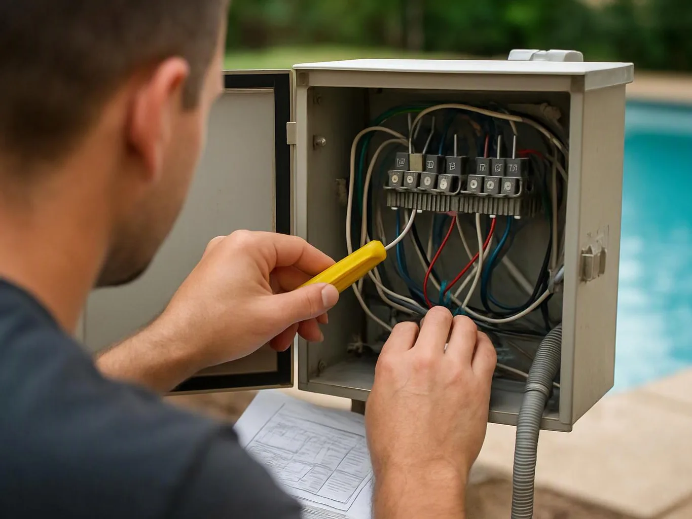 A man uses a yellow tool to inspect wiring inside an open metal electrical box by a pool