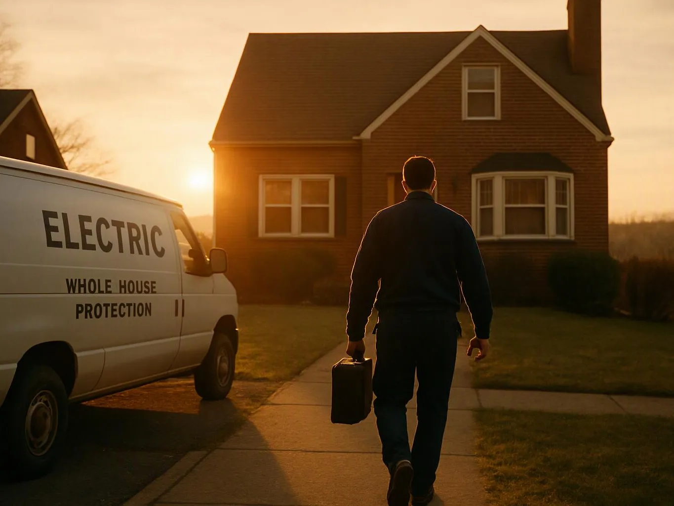 A man walks toward a brick house at sunset beside a van labeled ELECTRIC WHOLE HOUSE PROTECTION