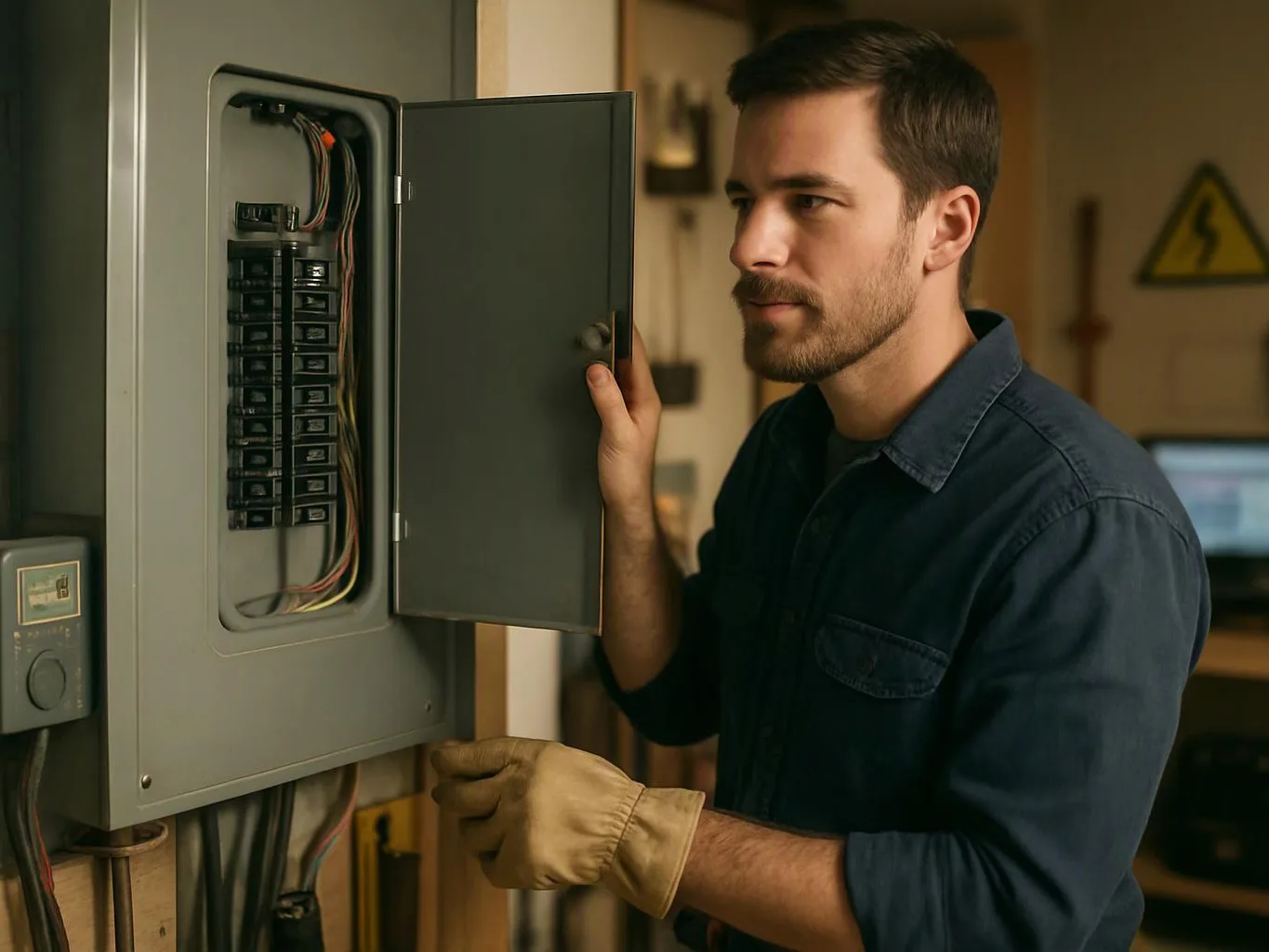 A man wearing gloves inspects an open electrical breaker panel in a workshop-like room