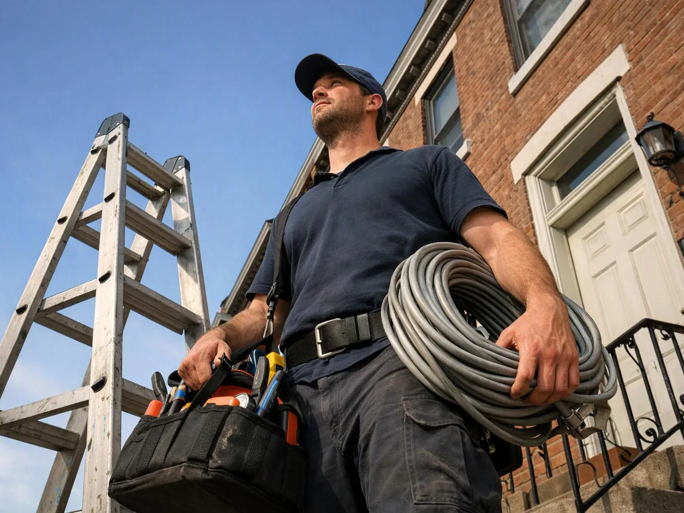 A man in work clothes carries coiled cable and a tool bag beside a ladder outside a brick building