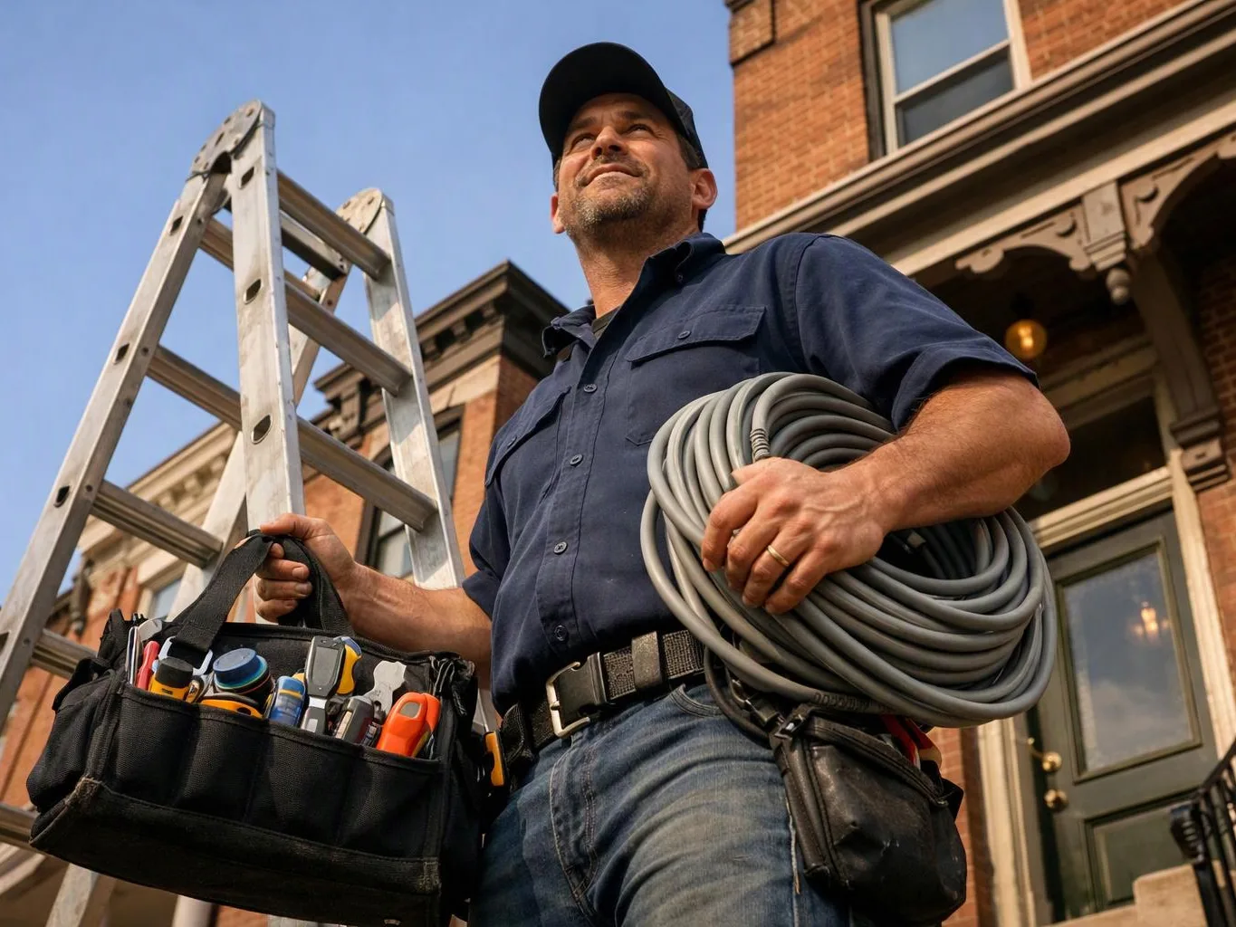 A man in work clothes carries a tool bag and coiled cable beside a ladder outside a brick building