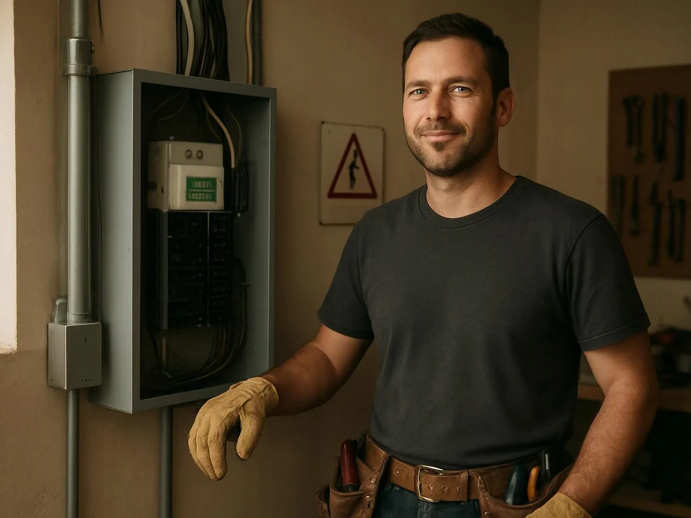 A man in work gloves stands beside an open electrical panel in a small utility room