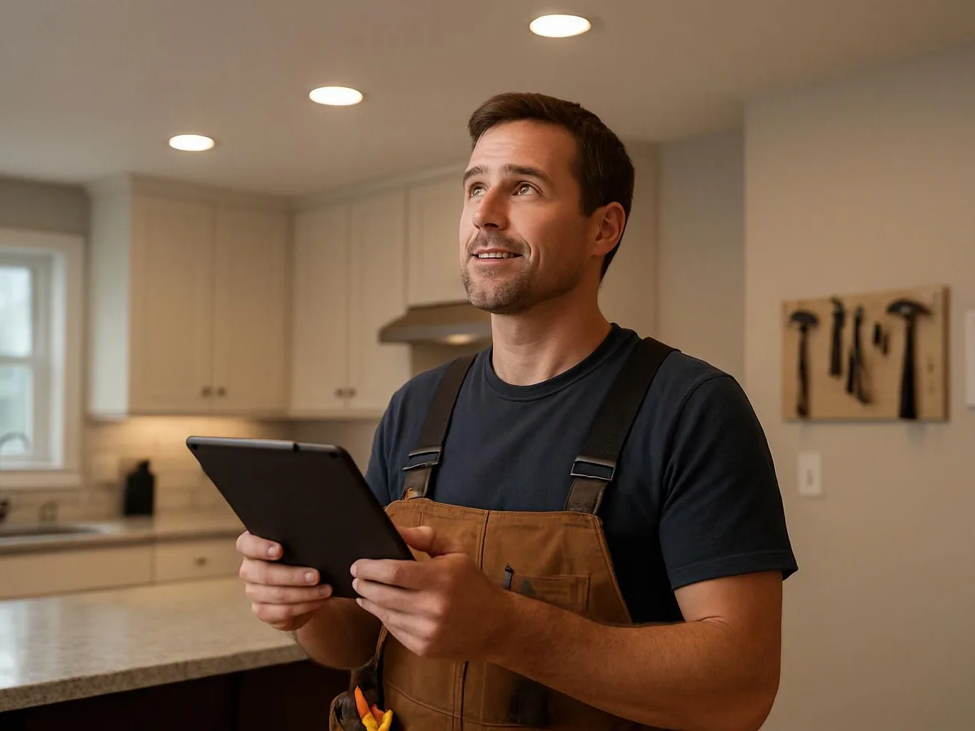 A man in work overalls holds a tablet in a bright kitchen and looks upward with a slight smile