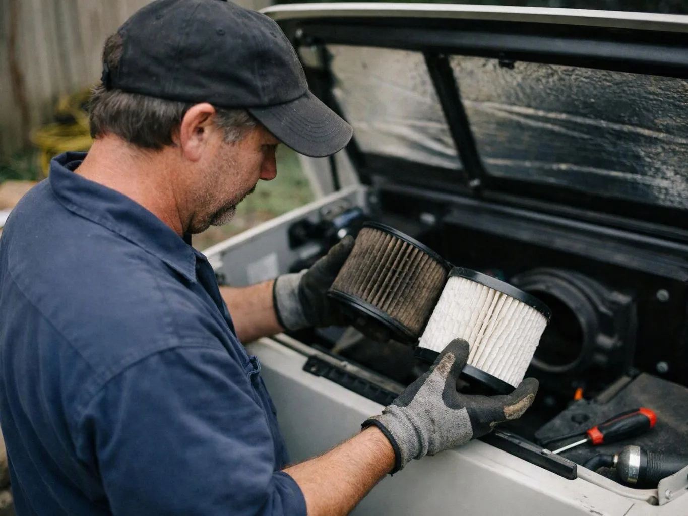 A mechanic in gloves inspects two dirty air filters beside an open machine compartment outdoors
