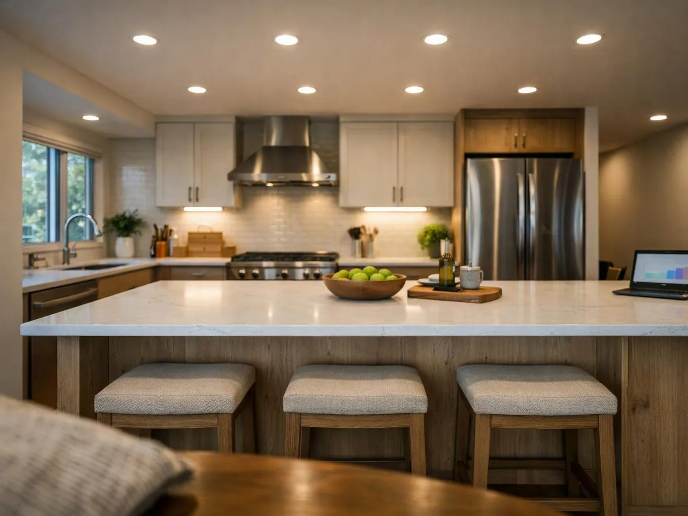 A modern kitchen shows a large island with stools, stainless appliances, and a bowl of green apples