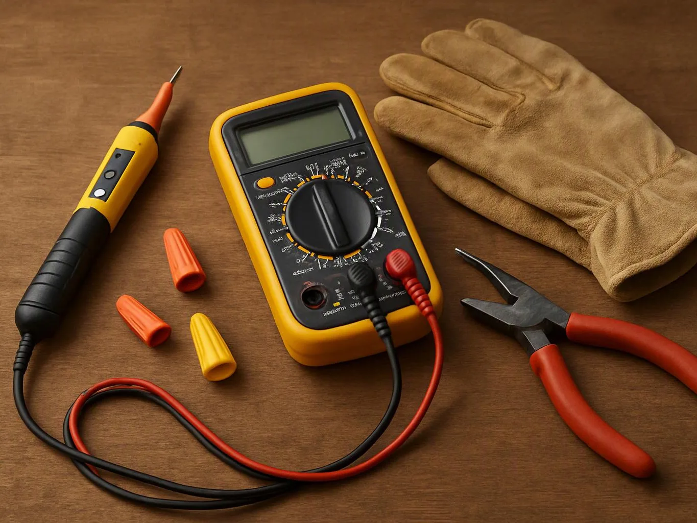 A multimeter, voltage tester, gloves, wire cutters, and probe caps lie on a wooden workbench
