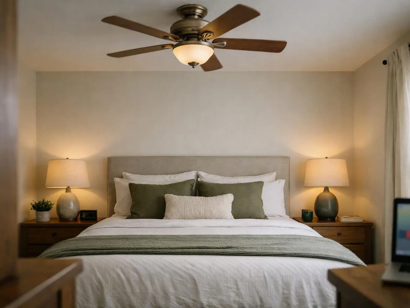 A neatly made bed sits between two lit bedside lamps in a calm beige bedroom