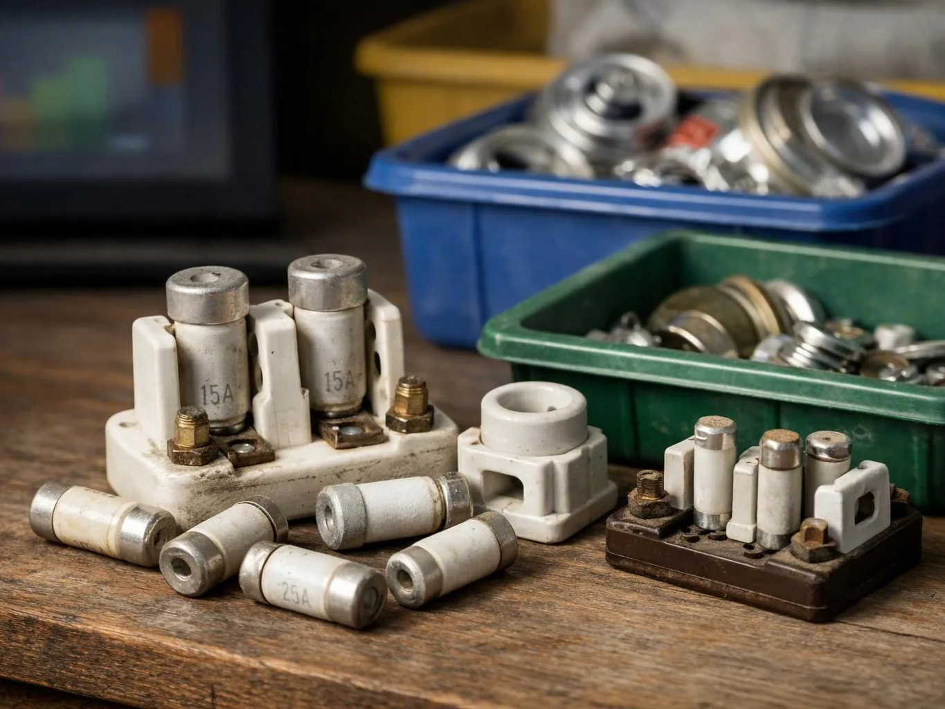 Old electrical fuses and holders sit on a worn wooden workbench beside trays of spare parts
