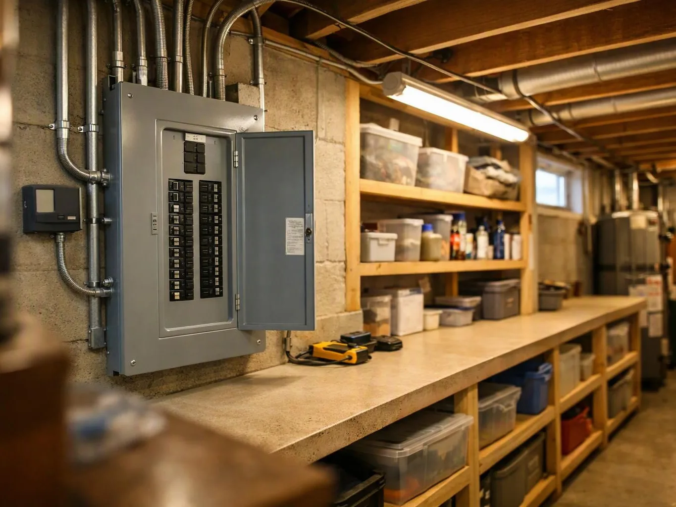 An open electrical panel hangs beside storage shelves in a basement workshop, with bins and tools on the counter