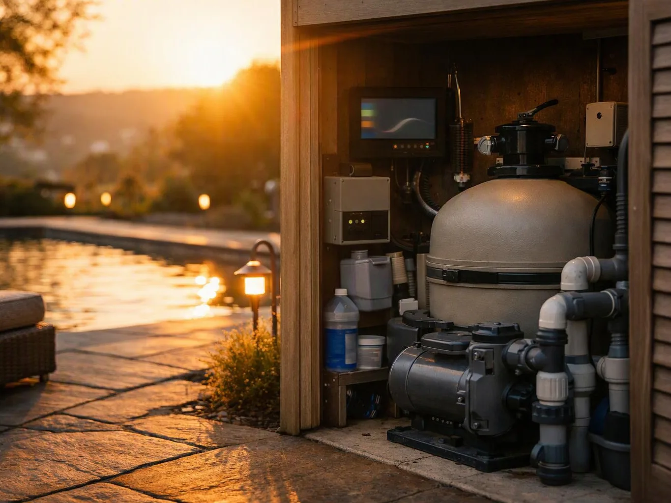 An open equipment cabinet beside a pool shows pumps, pipes, and controls at sunset