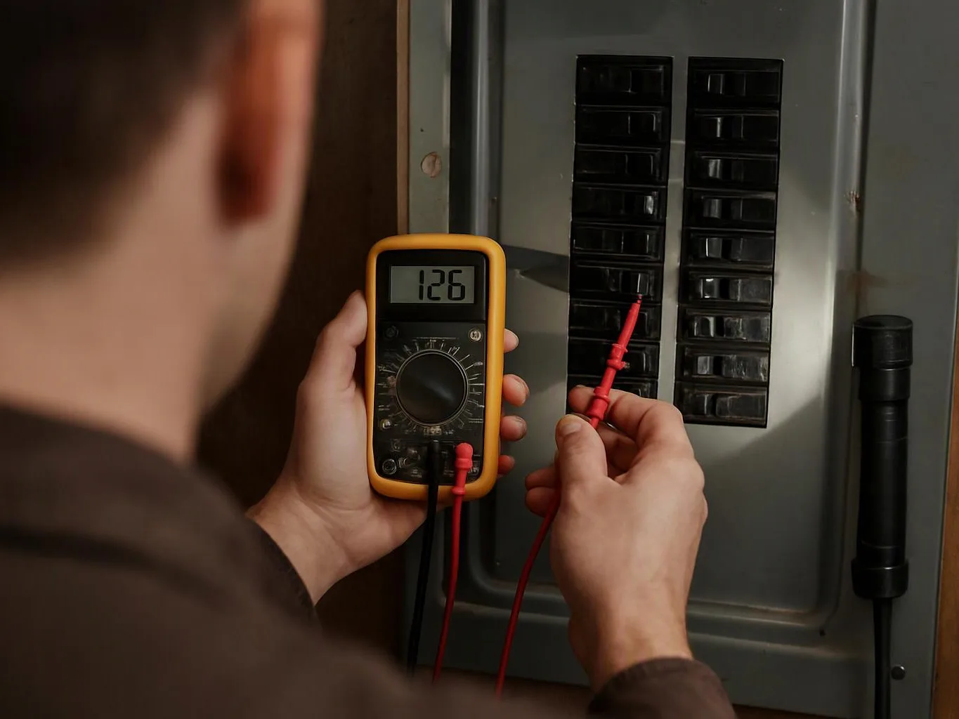 A person measures an electrical panel with a digital multimeter and red probes indoors