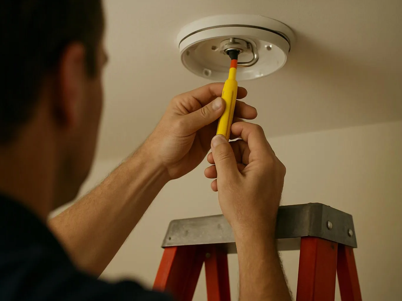 A person on a red ladder uses a yellow screwdriver to work on a ceiling light fixture