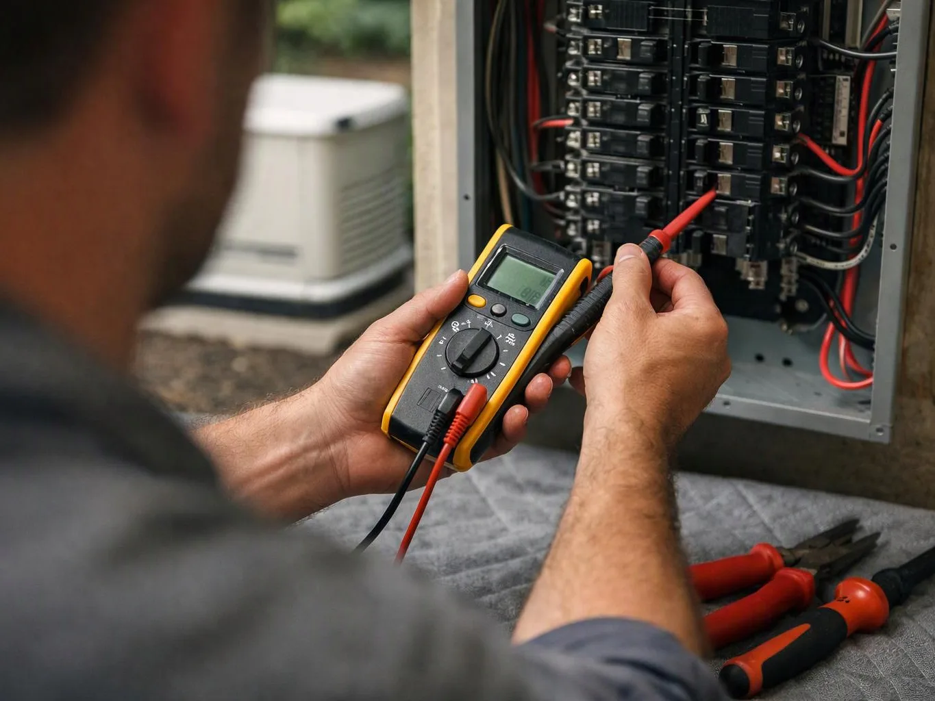 A person tests an open electrical panel with a digital multimeter, with red-handled tools beside it