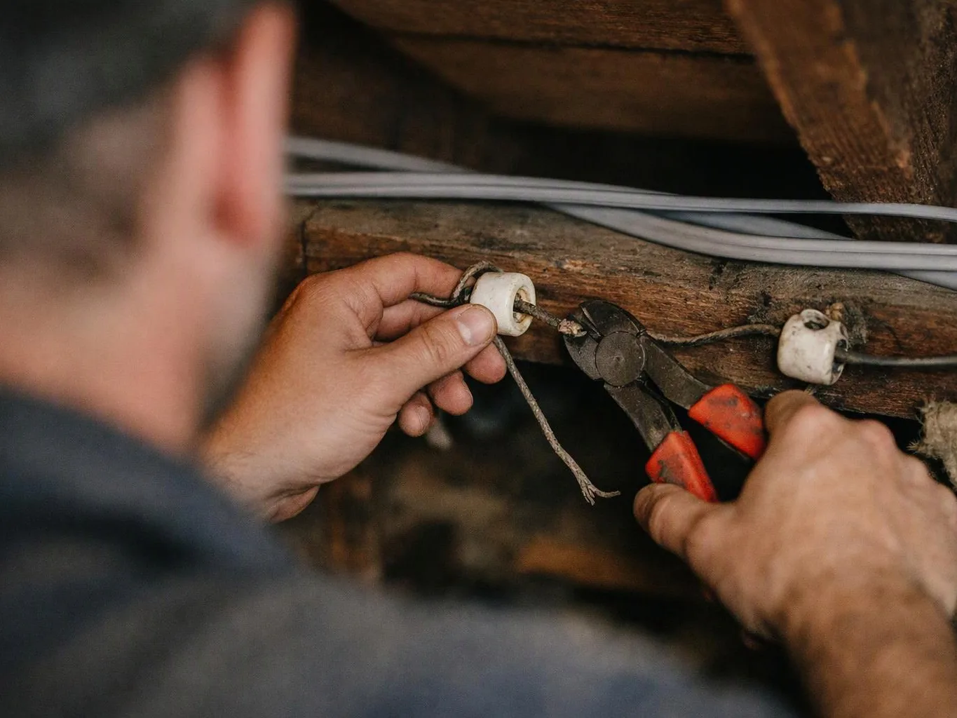A person uses red-handled pliers to cut wire beside old wooden beams and ceramic insulators