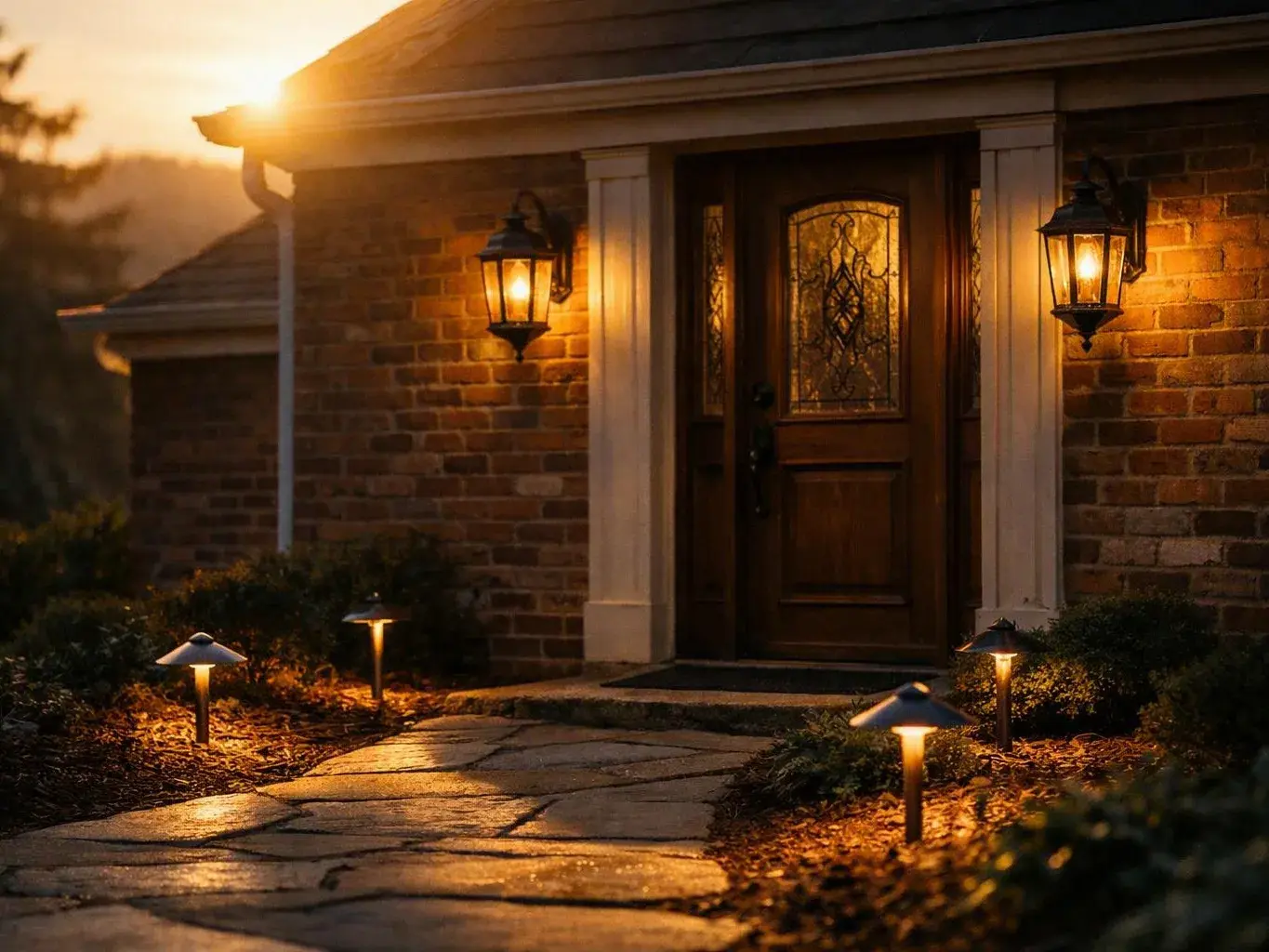 Brick house entry glowing at sunset, with lanterns and ground lights along a