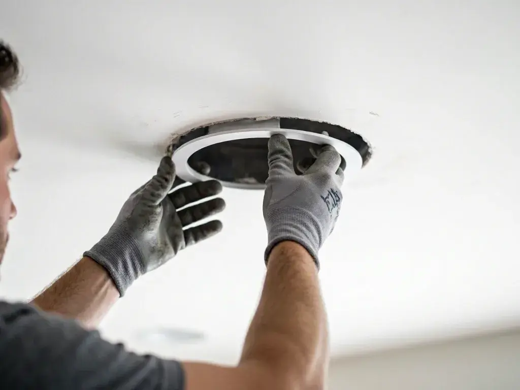 Crew pulling new wire above ceiling tiles in an office suite