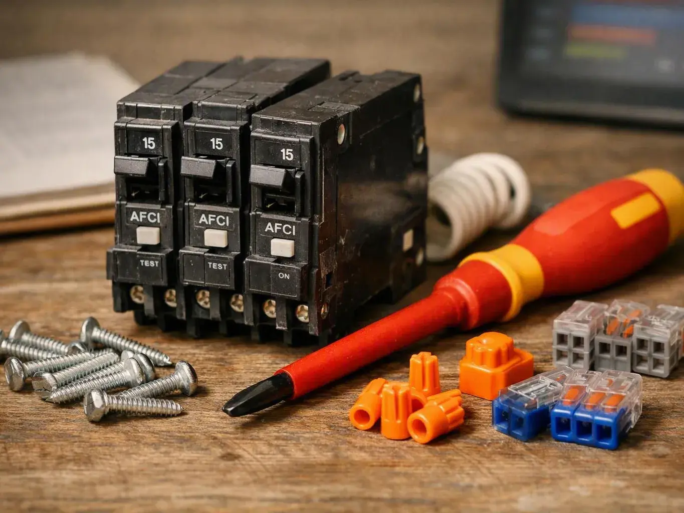 Close view of AFCI breaker wiring in a panel