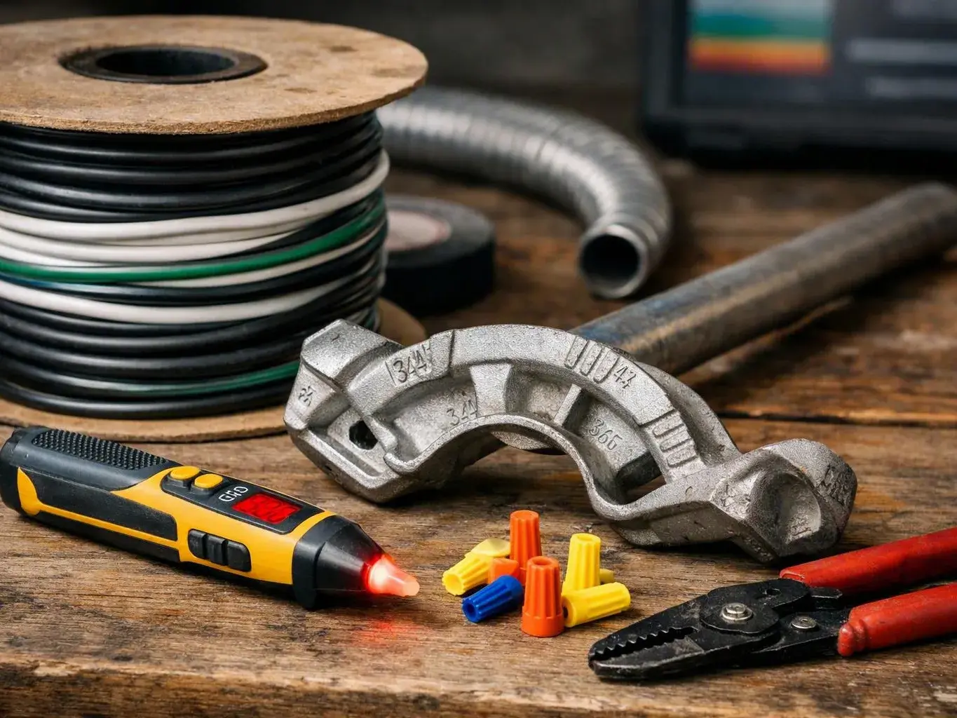 Electrical tools and wire supplies rest on a wooden workbench beside a coiled