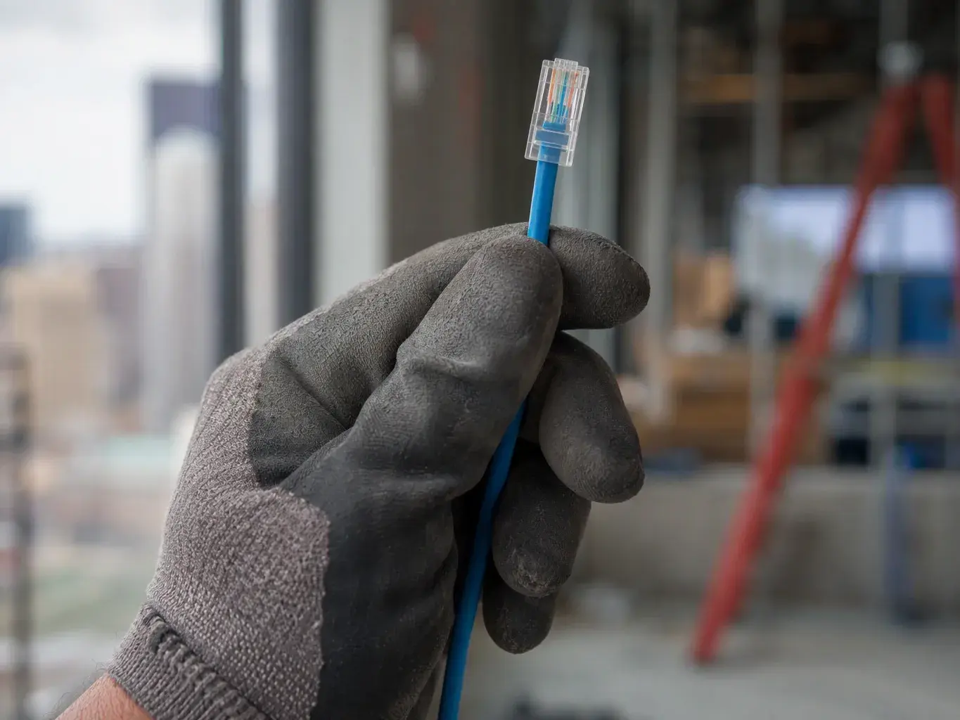 Electrician checking exterior disconnect wiring beside a building