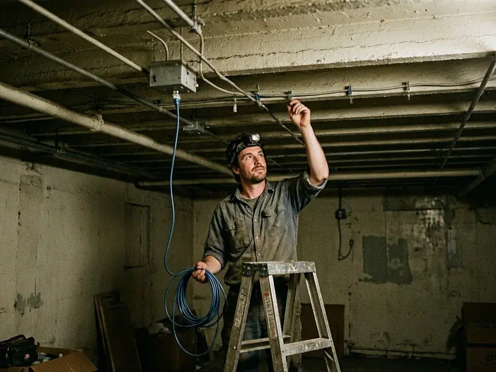 Electrician testing a breaker panel in an older home