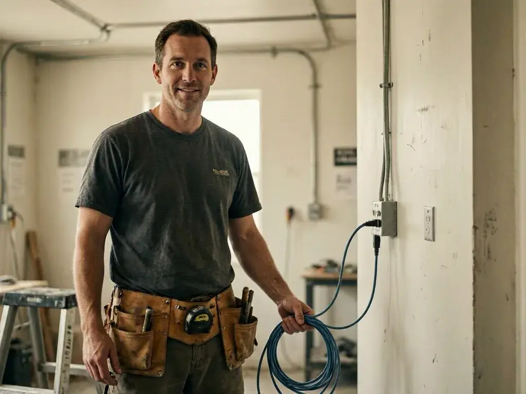 Crew installing smoke detectors in a small hallway