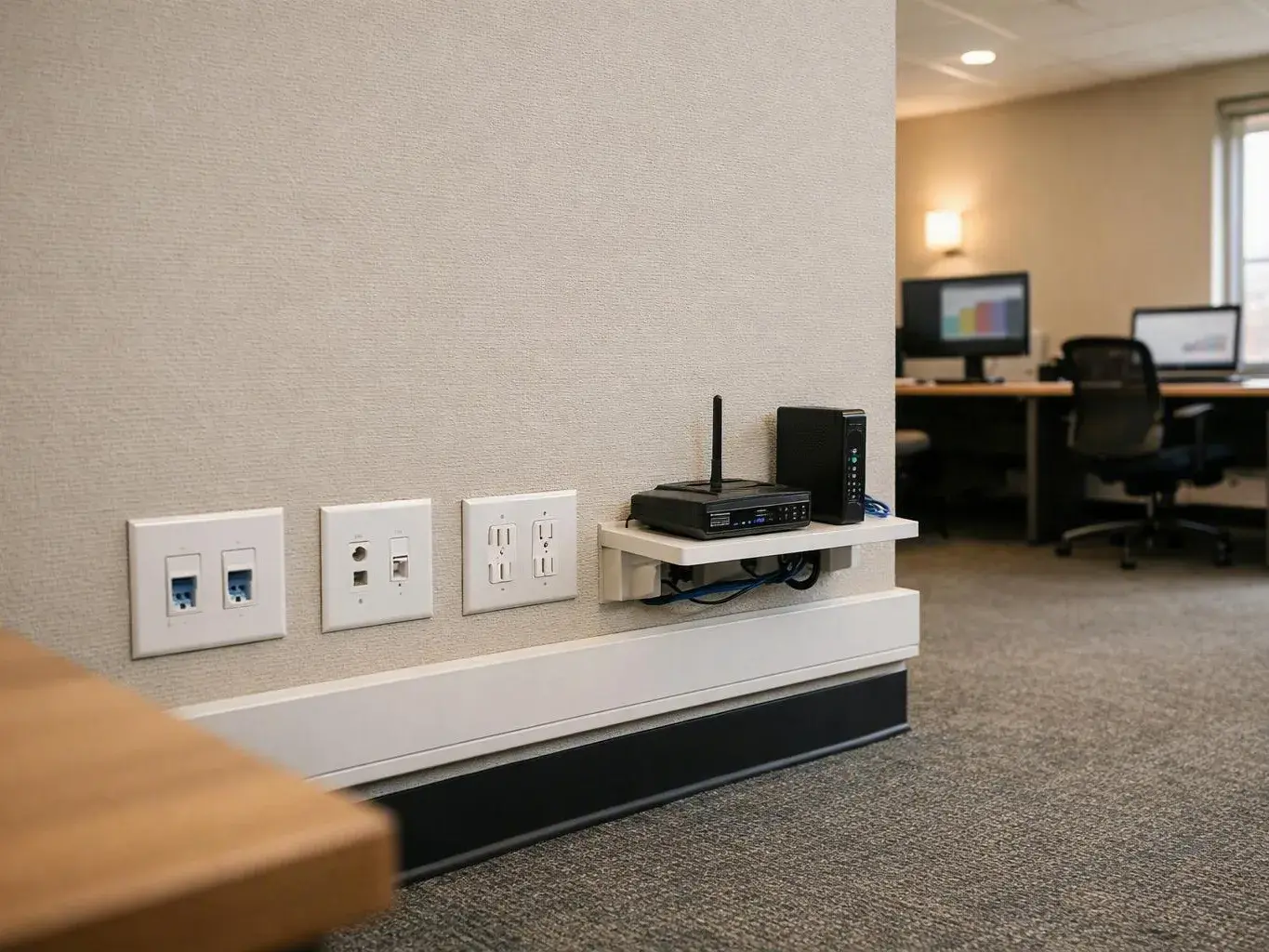Office wall with electrical outlets and a small network device beside desks and