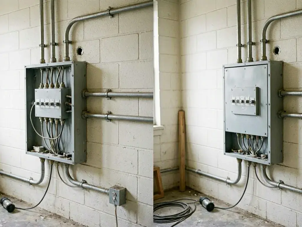 Electrical panel with exposed wiring and conduit mounted on a cinder block