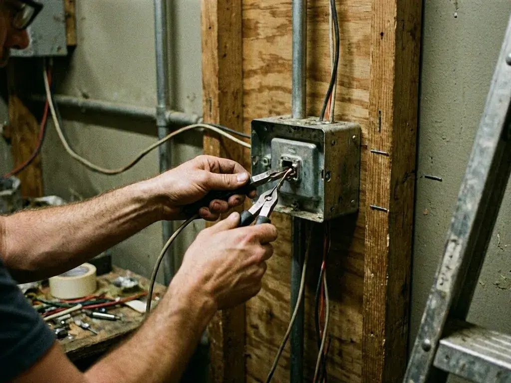 Worker using pliers to connect wires inside a metal electrical box on a plywood