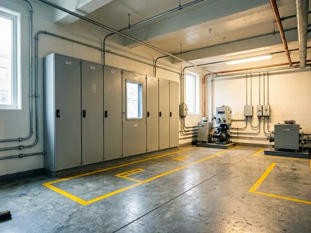 Industrial room with gray electrical cabinets, pipes, pumps, and yellow floor