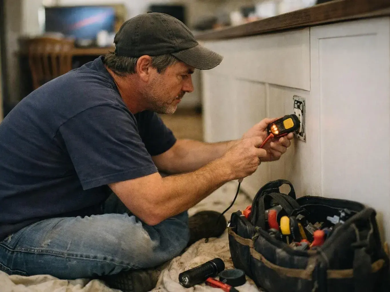 Man kneeling beside a tool bag, testing an electrical outlet with a handheld