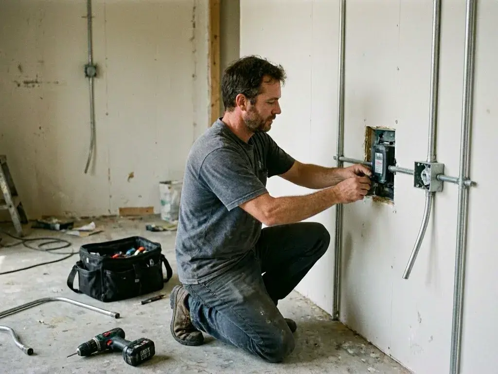 Technician installing a wall EV charger beside a garage