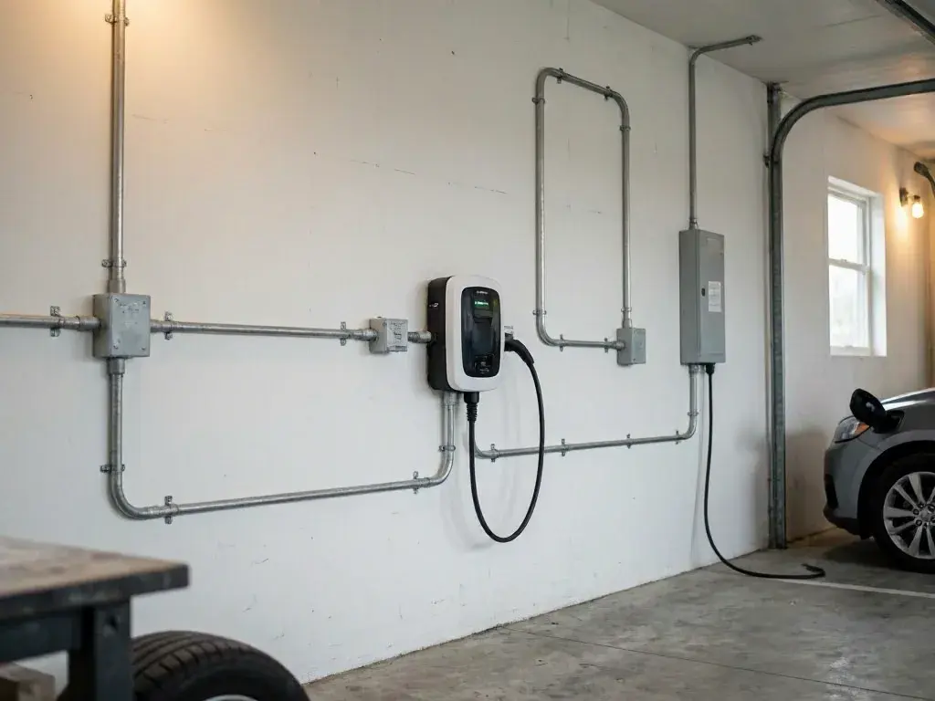 Electric car charger mounted on a garage wall beside metal conduit and a parked