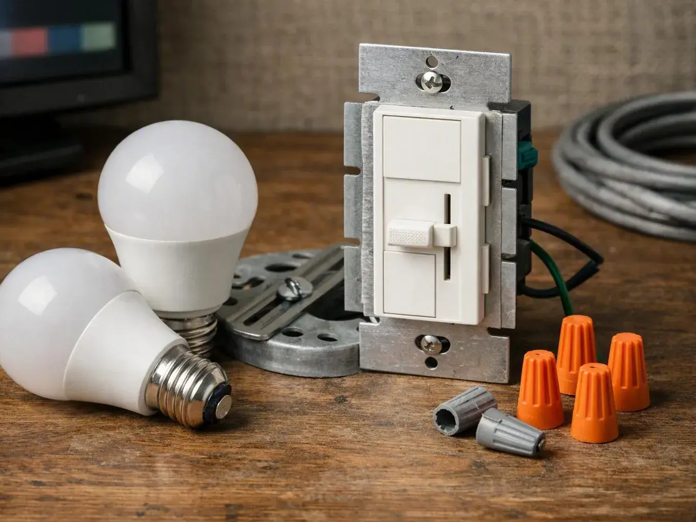 LED bulbs, dimmer switch, wire nuts, and metal mounting parts arranged on a