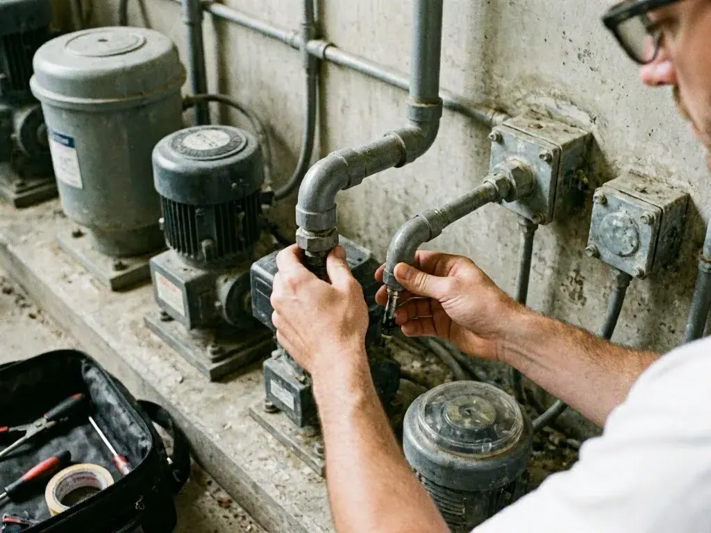 Worker tracing wiring near a service panel in a home