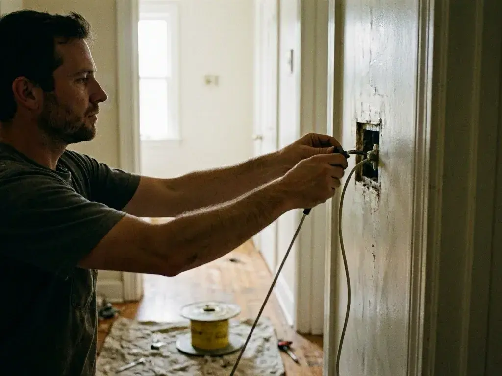 Electrician works with exposed wiring inside a wall outlet opening in a hallway