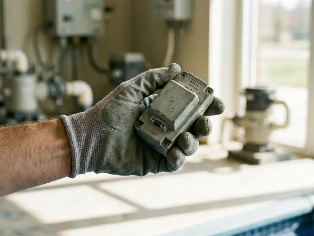 Gloved hand holding a small electrical device in a bright utility room