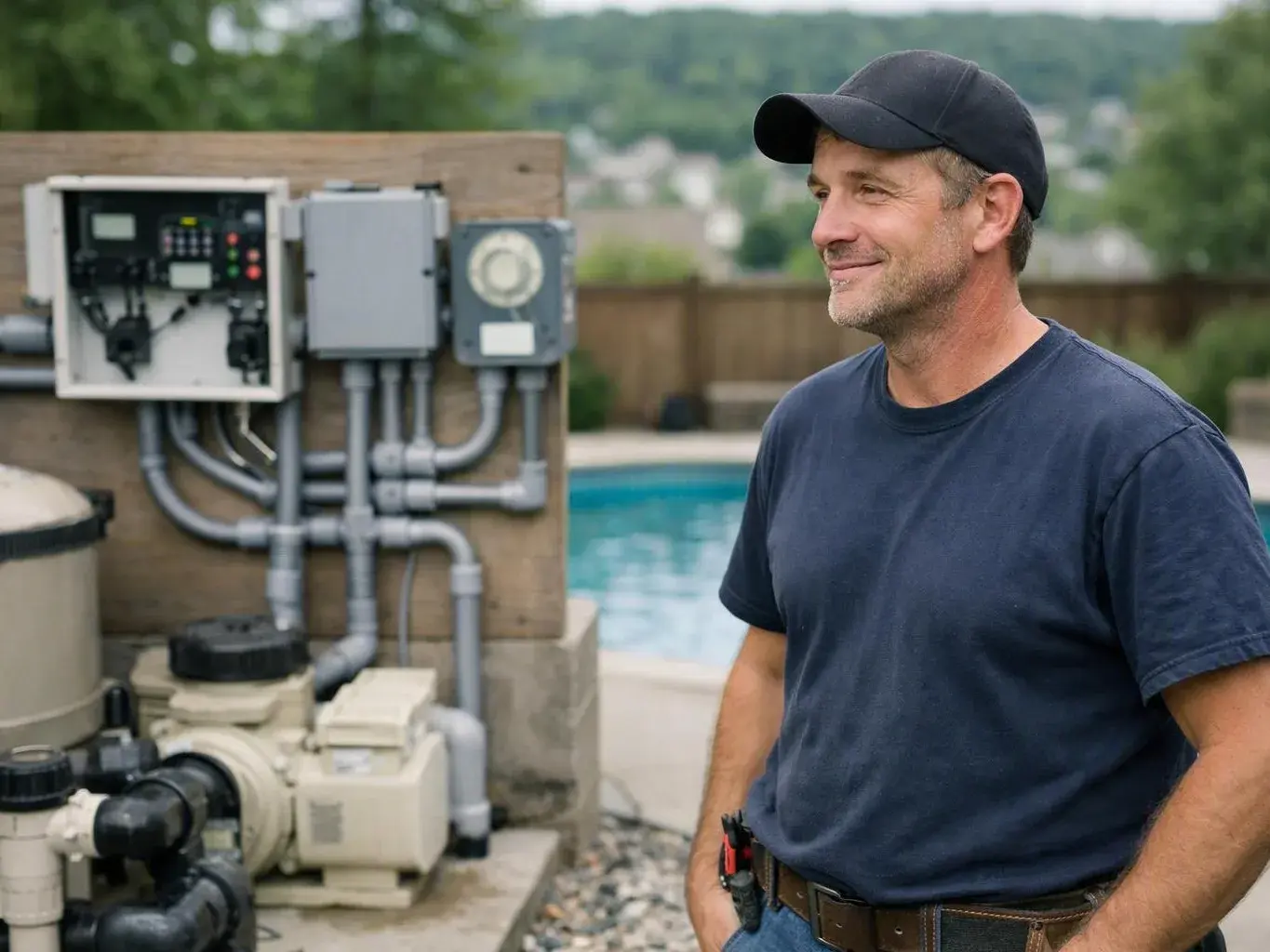 Electrician testing a pool breaker panel beside outdoor equipment
