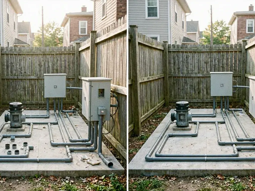 Technician checking GFCI protection near a backyard pool