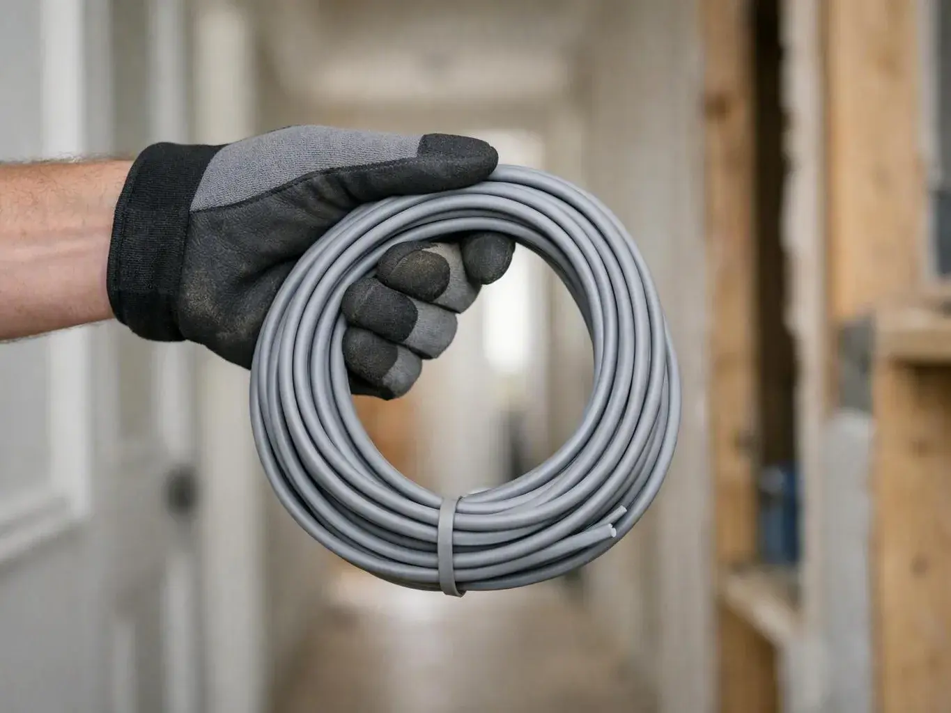 Hand replacing a smoke detector on a hallway ceiling