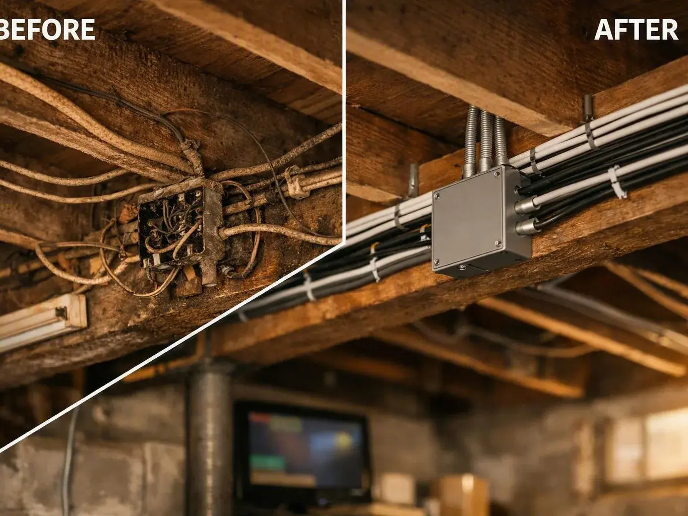Split view showing messy old basement wiring beside a neat metal conduit