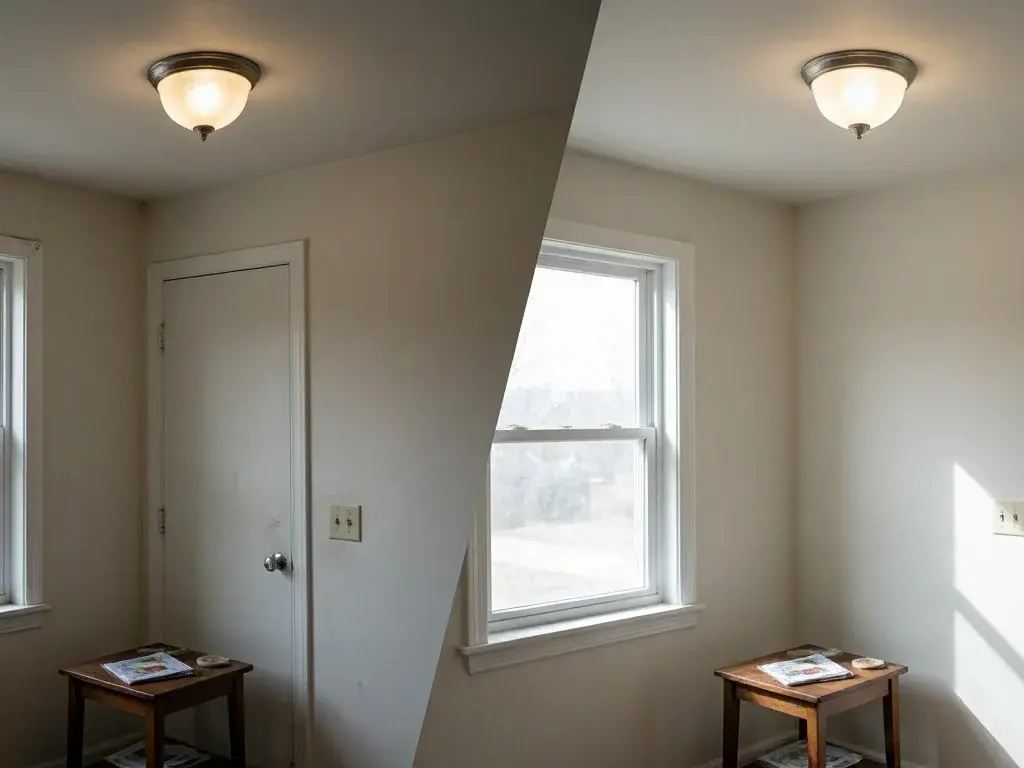 Small empty room with white walls, windows, a closed door, and a side table
