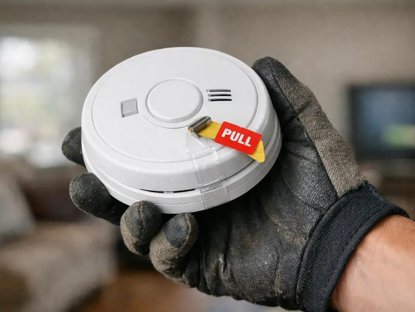 Technician replacing a smoke detector on a hallway ceiling