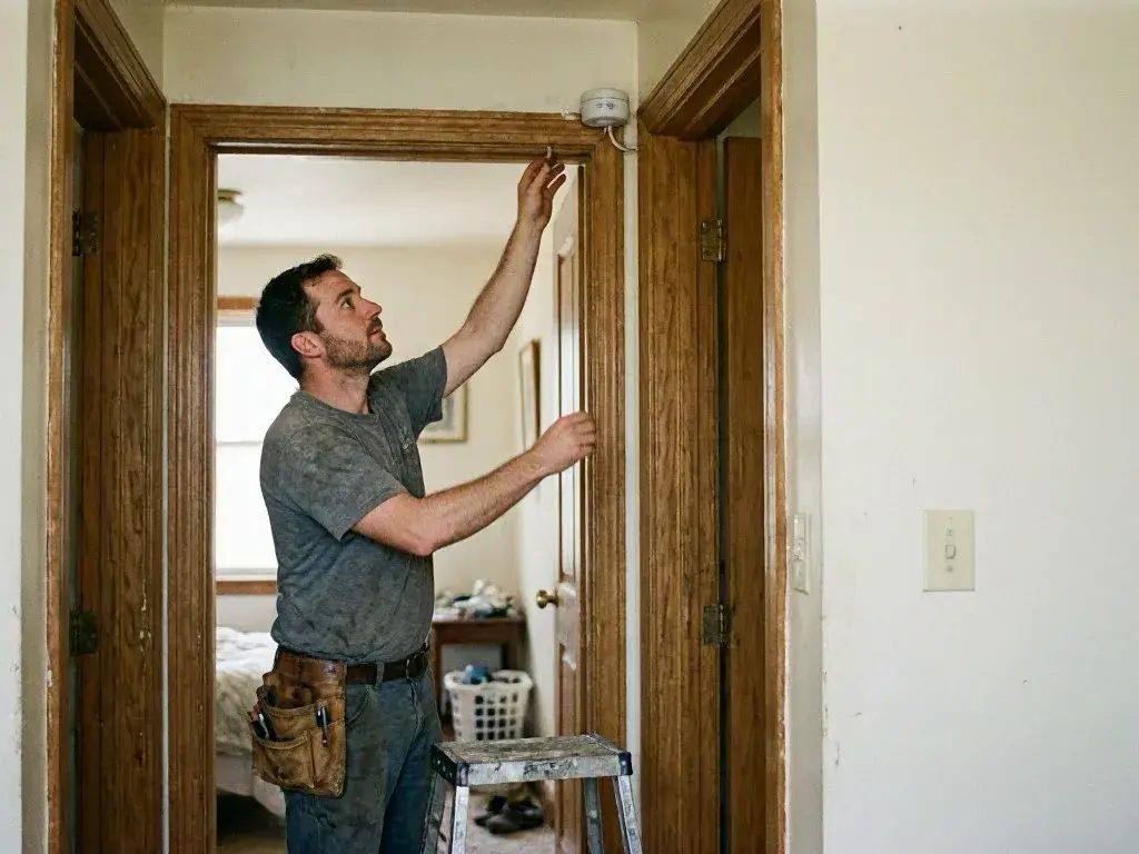 Worker installing conduit beside an outdoor service wall