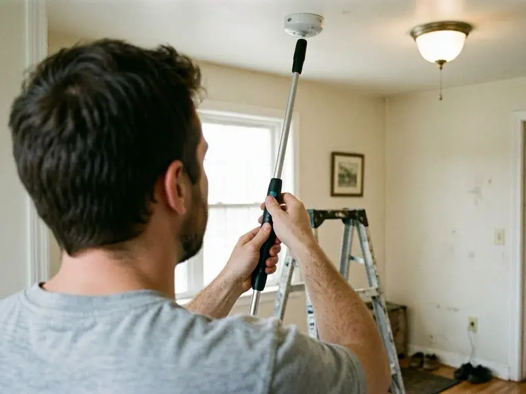Electrician tracing a data line in an office