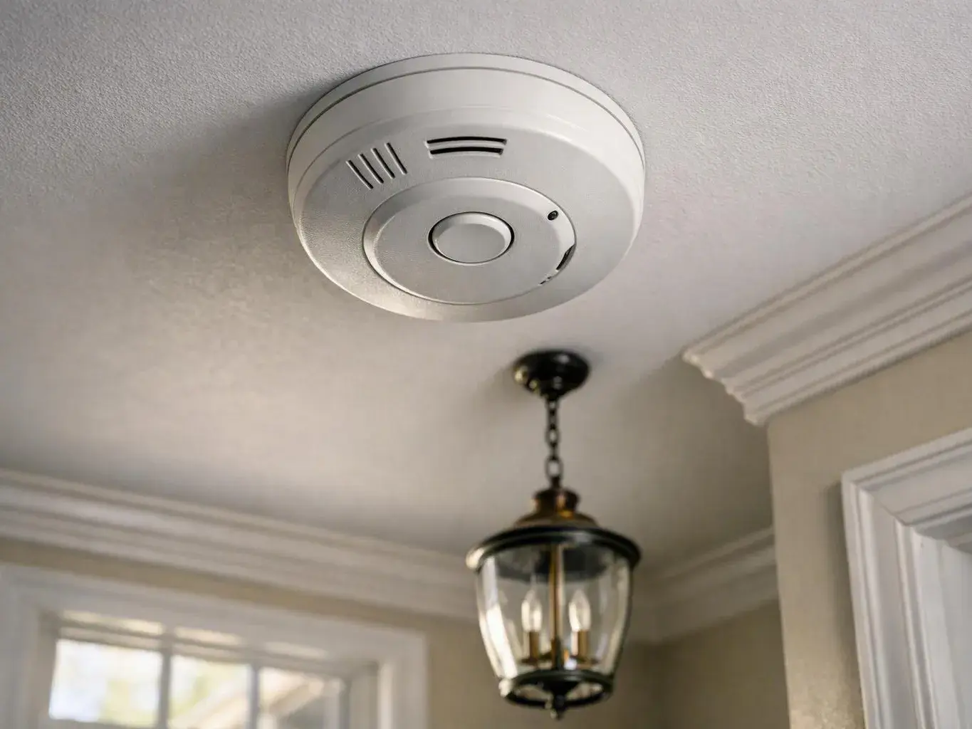 White smoke detector mounted above a hanging lantern in a room corner