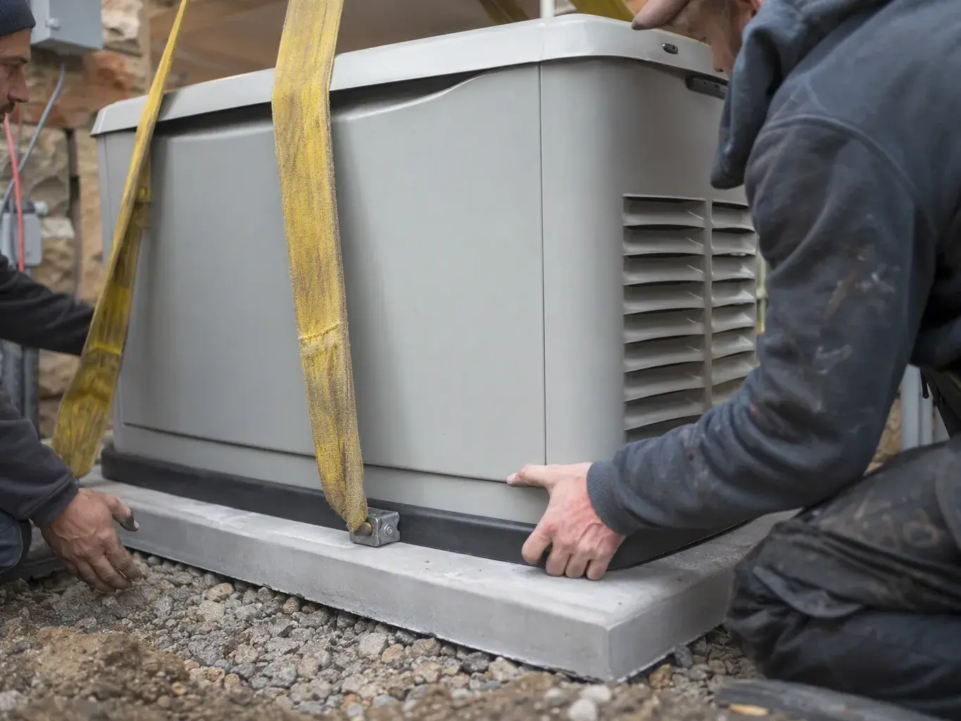 Two workers position a large gray outdoor machine on a concrete pad with yellow