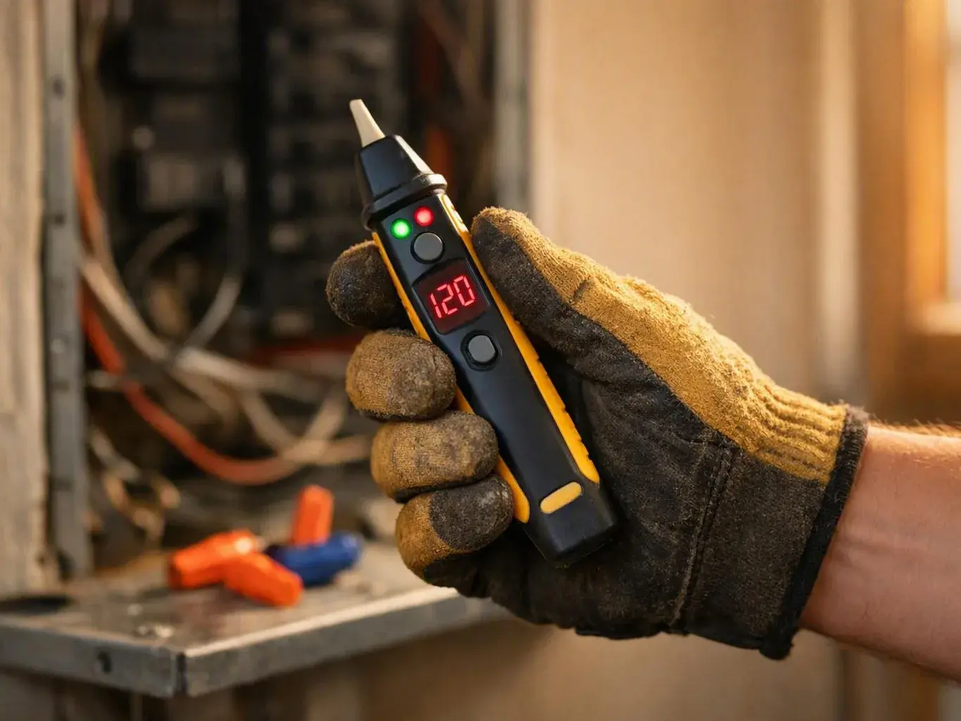 Gloved hand testing voltage beside exposed wires and connectors inside an