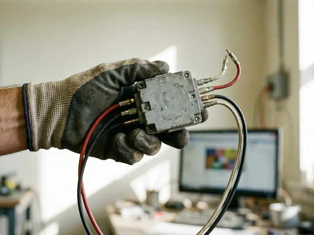 Electrician testing a breaker panel beside older wall wiring