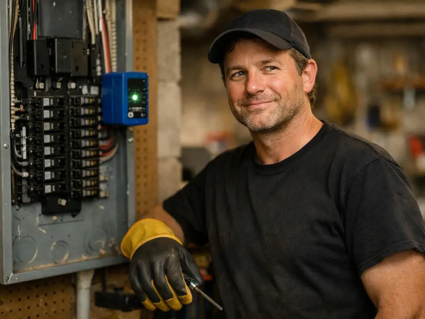 Technician checks a breaker panel beside old home wiring